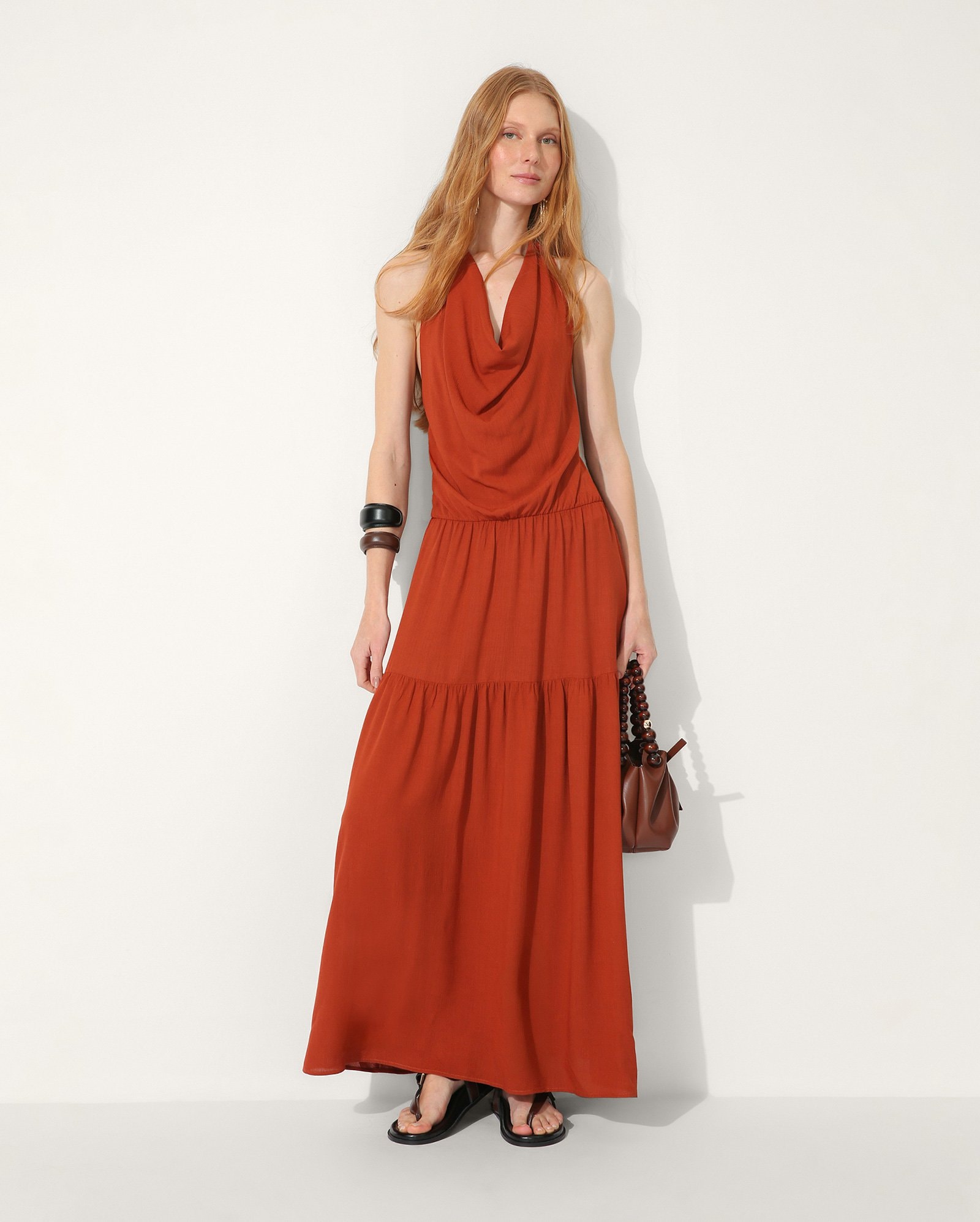 Vestido longo evasê frente única feminino em viscose - Laranja Escuro