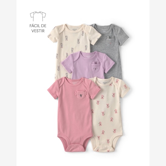 Kit body Carter's com bolso bebê menina estampa animal interativo 5 peças - Multicor