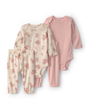 Conjunto longo bebê 4 peças canelado e floral - Multicor | Carter's