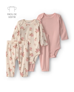 Conjunto longo bebê 4 peças canelado e floral - Multicor | Carter's