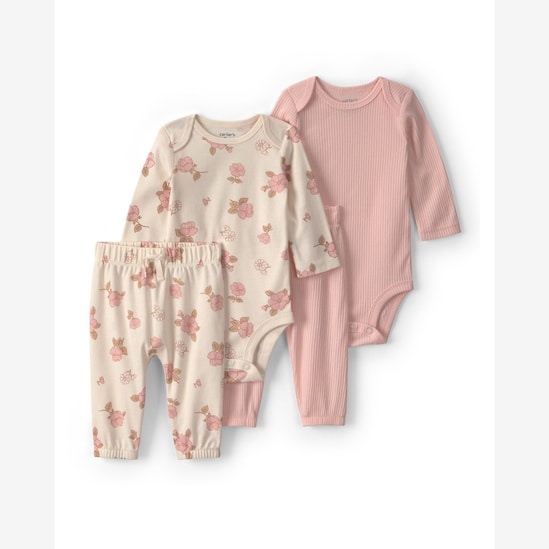 Conjunto longo bebê 4 peças canelado e floral - Multicor | Carter's