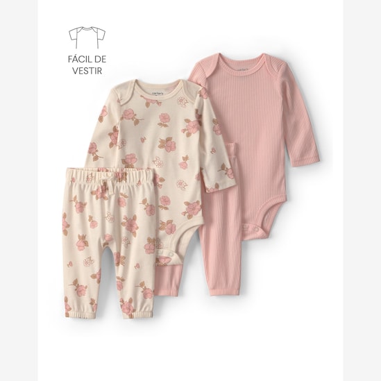 Conjunto longo bebê 4 peças canelado e floral - Multicor | Carter's