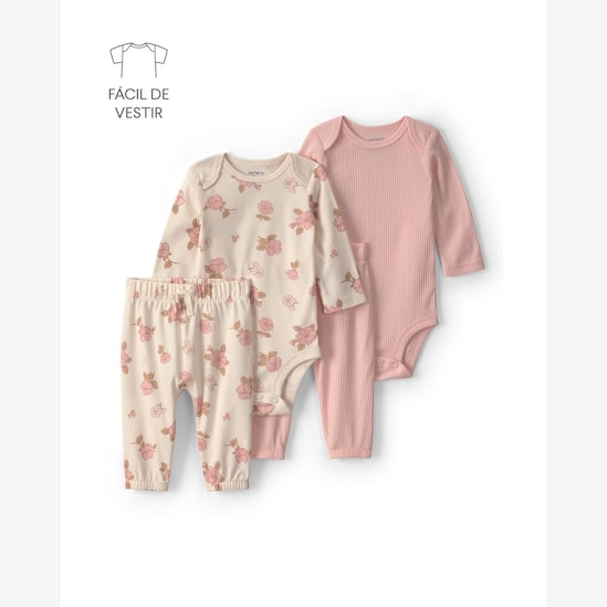 Conjunto longo bebê 4 peças canelado e floral - Multicor | Carter's