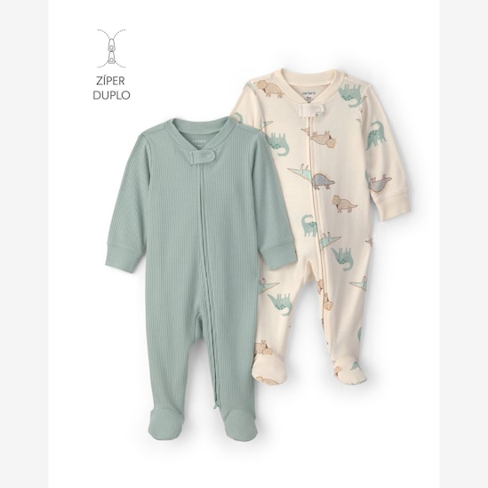 Kit macacão Carter's com pezinho bebê menino dinossauro 2 peças - Multicor