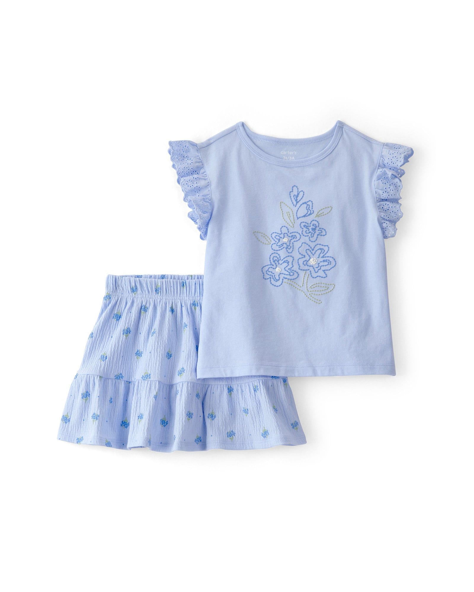 Conjunto curto infantil 2 peças bordado floral - Azul | Carter's