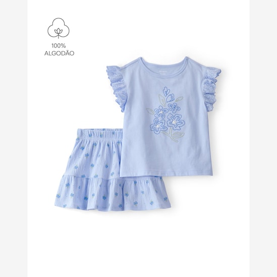 Conjunto curto infantil 2 peças bordado floral - Azul | Carter's