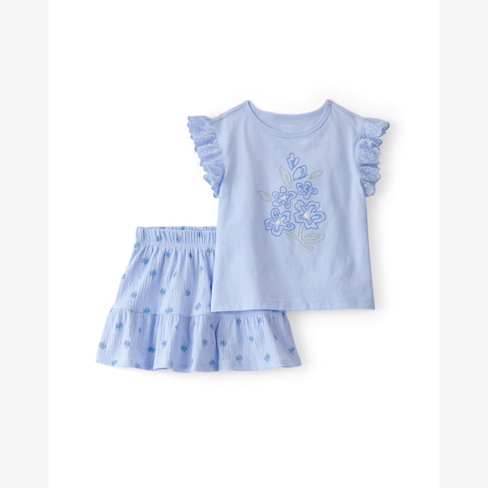 Conjunto curto infantil 2 peças bordado floral - Azul | Carter's