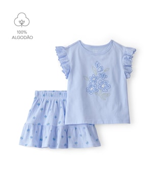 Conjunto curto infantil 2 peças bordado floral - Azul | Carter's
