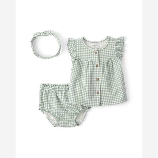 Conjunto curto bebê 2 peças com faixa de cabelo xadrez - Multicor | Carter's