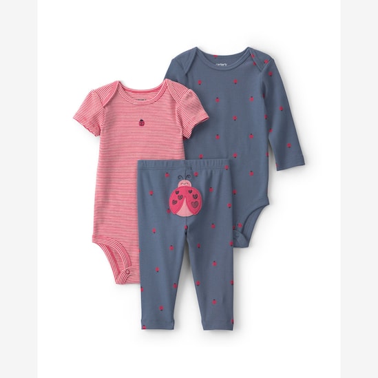 Conjunto longo bebê 3 peças estampado e bordado - Multicor | Carter's