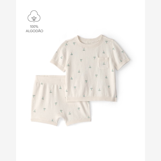 Conjunto curto bebê 2 peças em tricô estampado - Off-White | Carter’s