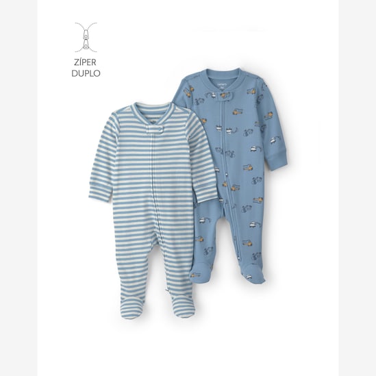 Kit macacão bebê 2 peças com pé estampado - Azul | Carter’s