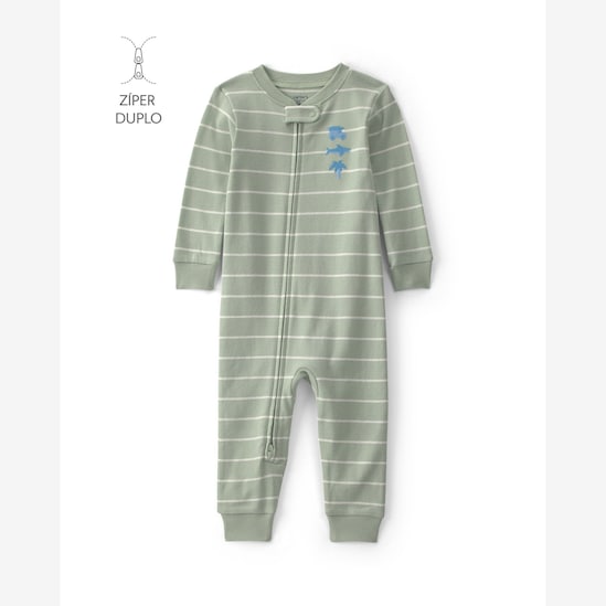 Macacão pijama bebê listrado com bordado - Verde | Carter's