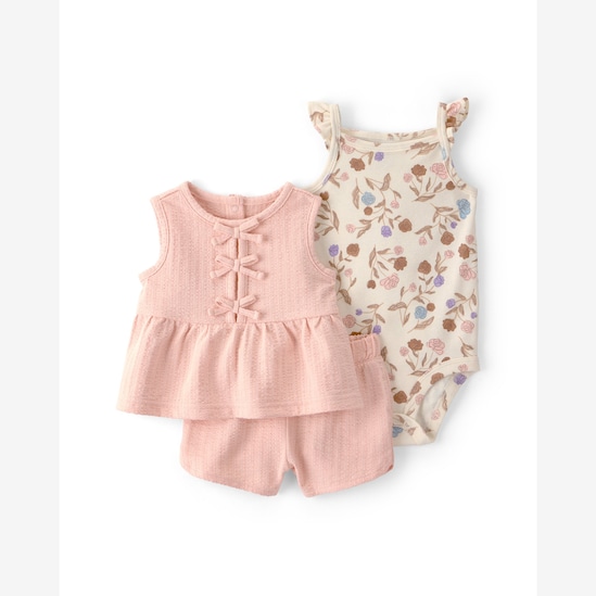 Conjunto curto bebê 3 peças texturizado e floral - Multicor | Carter's