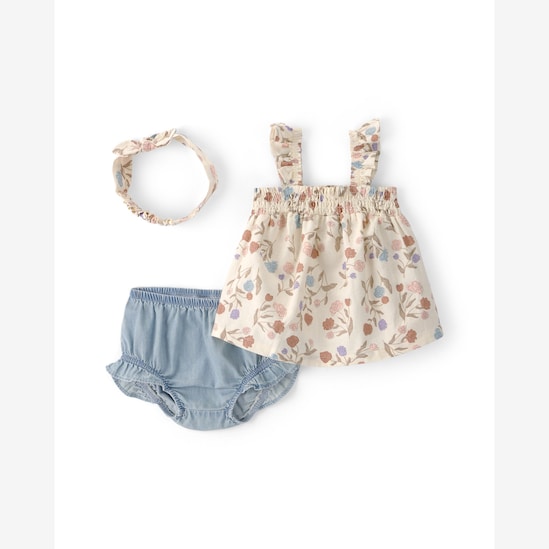 Conjunto curto bebê 3 peças floral faixa de cabelo - Multicor | Carter's