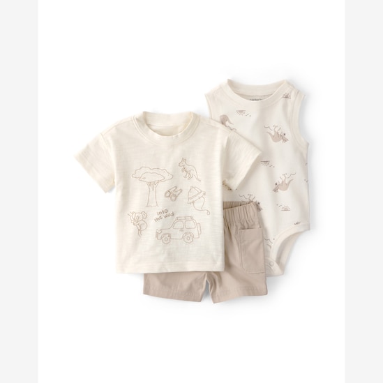 Conjunto curto bebê 3 peças estampado - Bege | Carter's