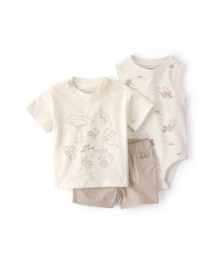 Conjunto curto bebê 3 peças estampado - Bege | Carter's