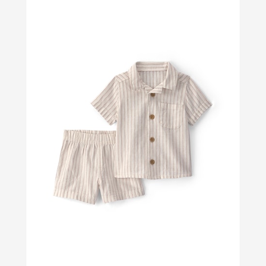 Conjunto curto bebê 2 peças com linho listrado - Bege | Carter's