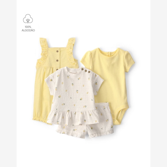 Conjunto curto bebê 4 peças estampado e texturizado - Multicor | Carter's