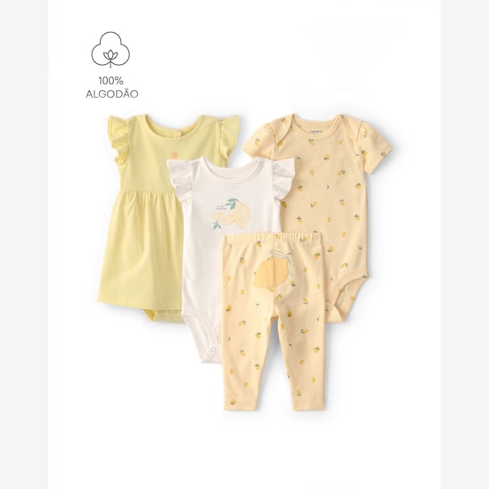 Conjunto bebê 4 peças em algodão estampado e bordado - Multicor | Carter's