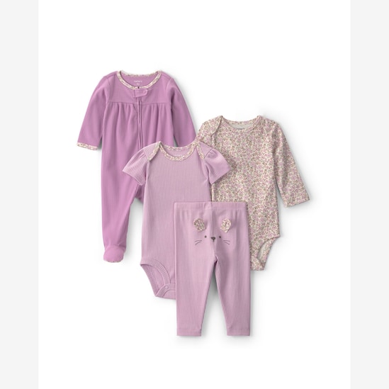 Kit conjunto longo bebê 3 peças + macacão canelado floral - Multicor | Carter's