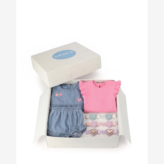 Enxoval Carter's bebê menina em algodão coração + caixa de presente P 7 peças - Multicor