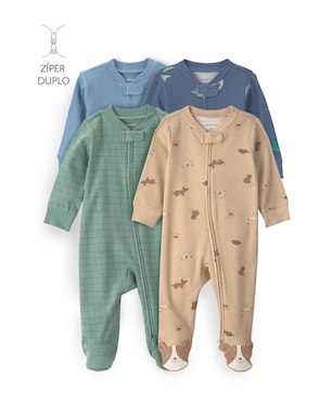 Kit macacão Carter's com pezinho bebê menino estampa animal interativo 4 peças - Multicor