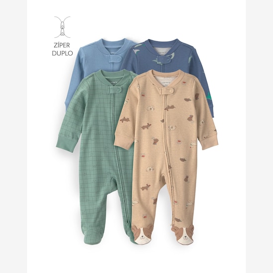 Kit macacão Carter's com pezinho bebê menino estampa animal interativo 4 peças - Multicor