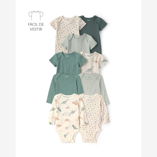 Kit body Carter's bebê menino em algodão dinossauro 9 peças - Multicor