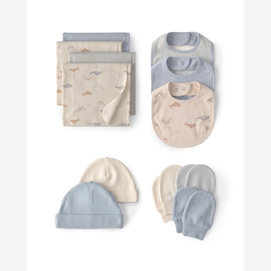 Enxoval Carter's bebê menino tubarão + caixa de presente P 12 peças - Multicor