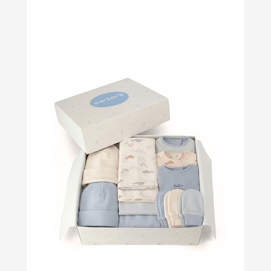 Enxoval Carter's bebê menino tubarão + caixa de presente P 12 peças - Multicor