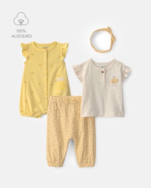 Conjunto Carter's com faixa de cabelo bebê menina floral abelha 4 peças - Multicor