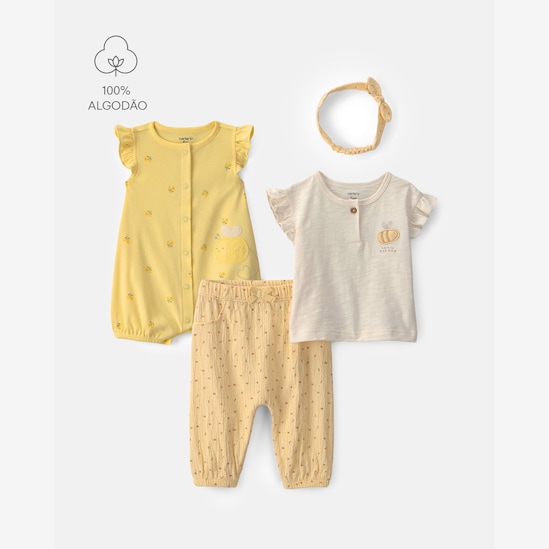 Conjunto Carter's com faixa de cabelo bebê menina floral abelha 4 peças - Multicor