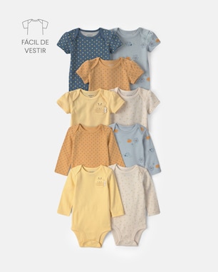 Kit body Carter's bebê menina em algodão estampada 9 peças - Multicor