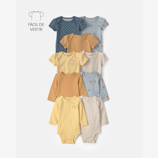 Kit body Carter's bebê menina em algodão estampada 9 peças - Multicor