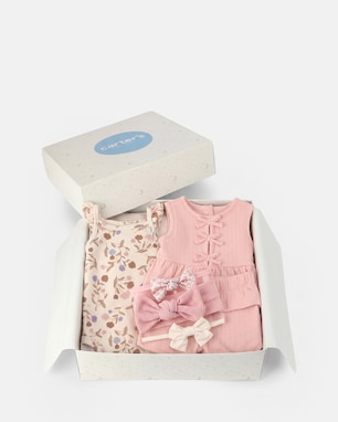 Conjunto Carter's com faixa de cabelo bebê menina + caixa de presente 6 peças