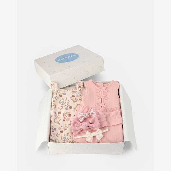 Conjunto Carter's com faixa de cabelo bebê menina + caixa de presente 6 peças