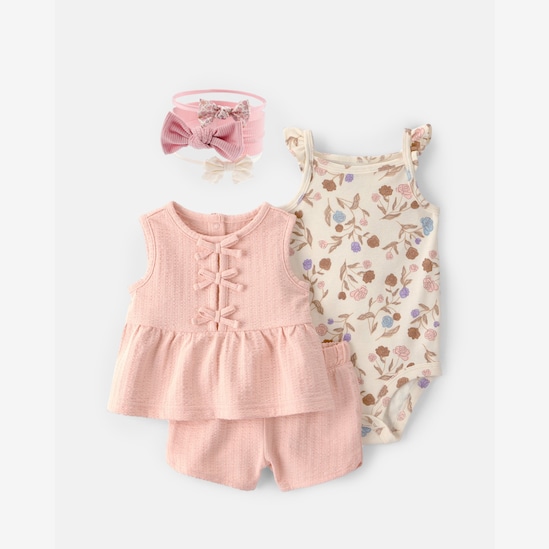 Conjunto Carter's com faixa de cabelo bebê menina + caixa de presente 6 peças