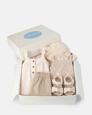 Conjunto Carter's bebê menina onça + caixa de presente M 5 peças