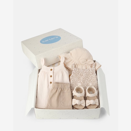 Conjunto Carter's bebê menina onça + caixa de presente M 5 peças