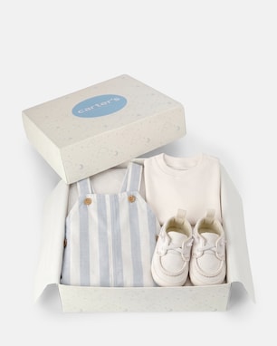 Kit Carter's jardineira com camiseta e mocassim bebê menino listrada + caixa de presente M 3 peças