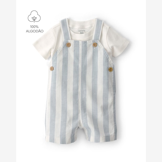 Kit Carter's jardineira com camiseta e mocassim bebê menino listrada + caixa de presente M 3 peças