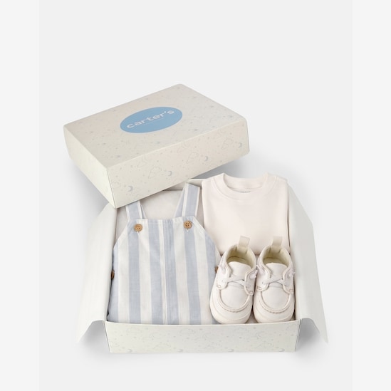 Kit Carter's jardineira com camiseta e mocassim bebê menino listrada + caixa de presente M 3 peças