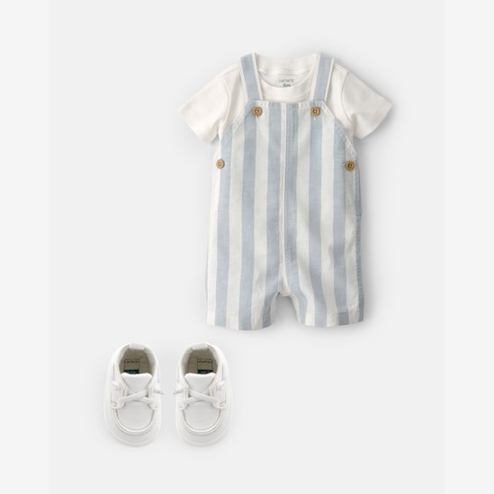 Kit Carter's jardineira com camiseta e mocassim bebê menino listrada + caixa de presente M 3 peças