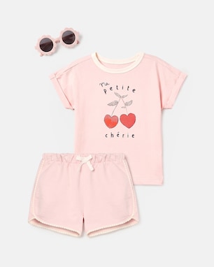 Conjunto Carter's com óculos infantil menina em algodão cereja 3 peças - Rosa Claro
