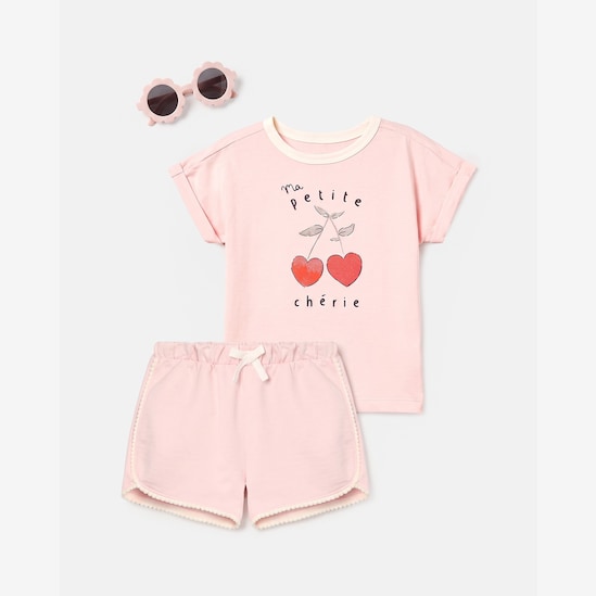 Conjunto Carter's com óculos infantil menina em algodão cereja 3 peças - Rosa Claro
