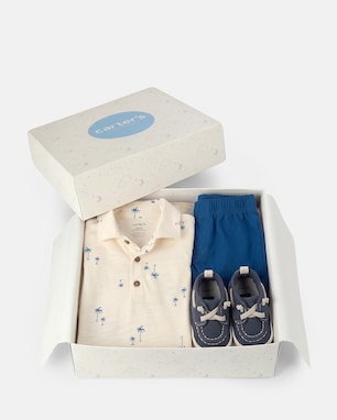 Conjunto Carter's com mocassim bebê menino estampado + caixa de presente M 3 peças