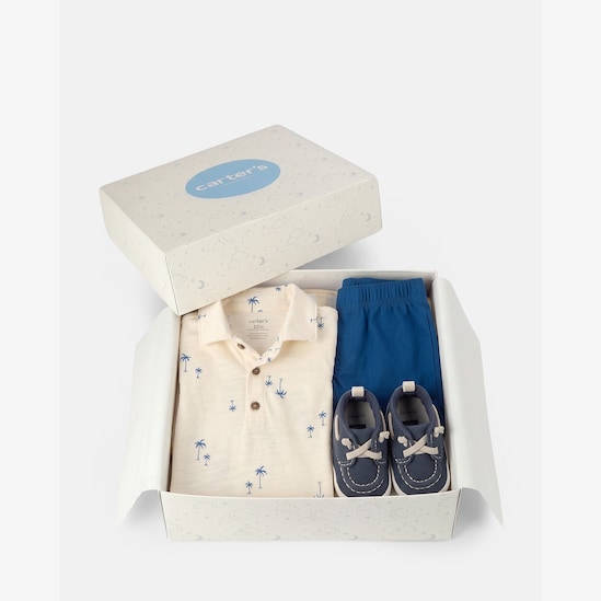 Conjunto Carter's com mocassim bebê menino estampado + caixa de presente M 3 peças