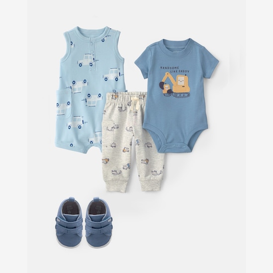 Conjunto Carter's com sapato bebê menino estampado + caixa de presente M 4 peças