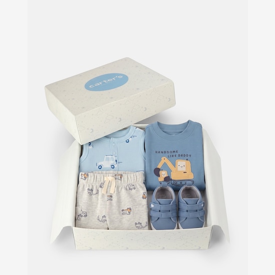 Conjunto Carter's com sapato bebê menino estampado + caixa de presente M 4 peças